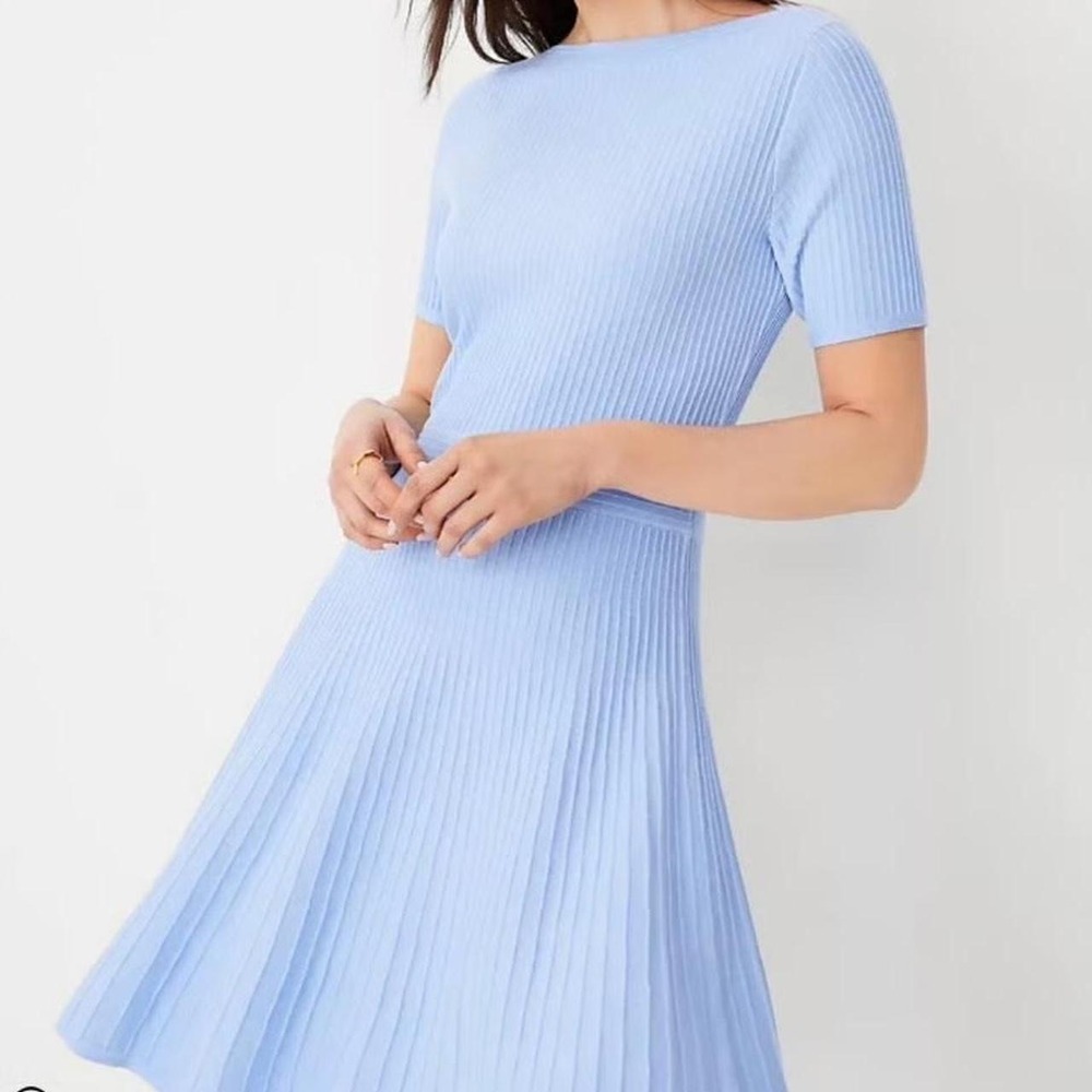 Ann Taylor Women's Medium Light Blue Ribbed Knit Fit & Flare Dress